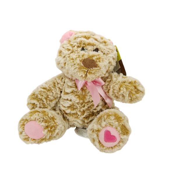 Animal Adventure Frosted Tan Bear Pink Bow Heart Paws Plush Stuffed Animal Soft - Picture 1 of 11
